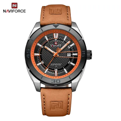 NAVIFORCE NF9209 Original Business Men's Watches Waterproof Casual Sports Military Leather Wristwatch  Man Quartz Calendar Clock - BrownSilver Black